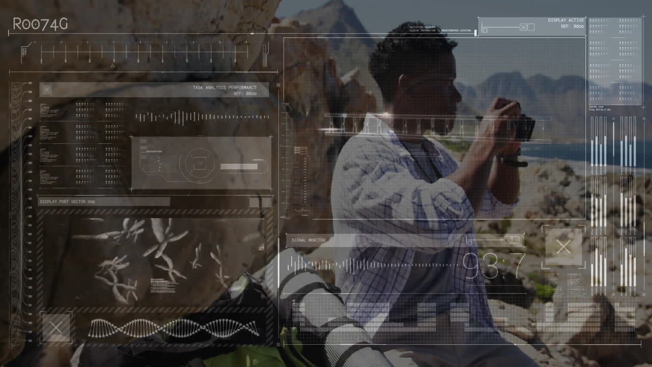 Using binoculars, man viewing with digital data processing animation overlay