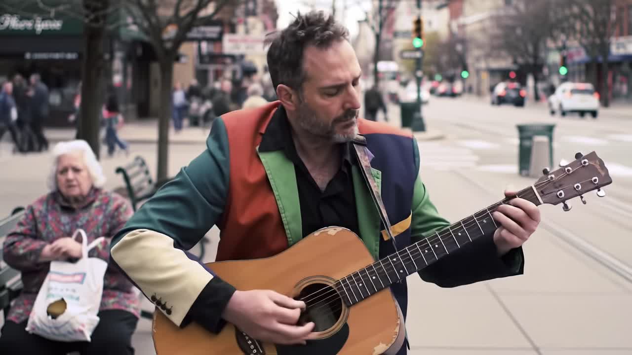 A Passionate Street Musician Enchants Passersby with His Acoustic Guitar Melodies in a Vibrant Urban Setting, Showcasing Artistic Talent and Emotion