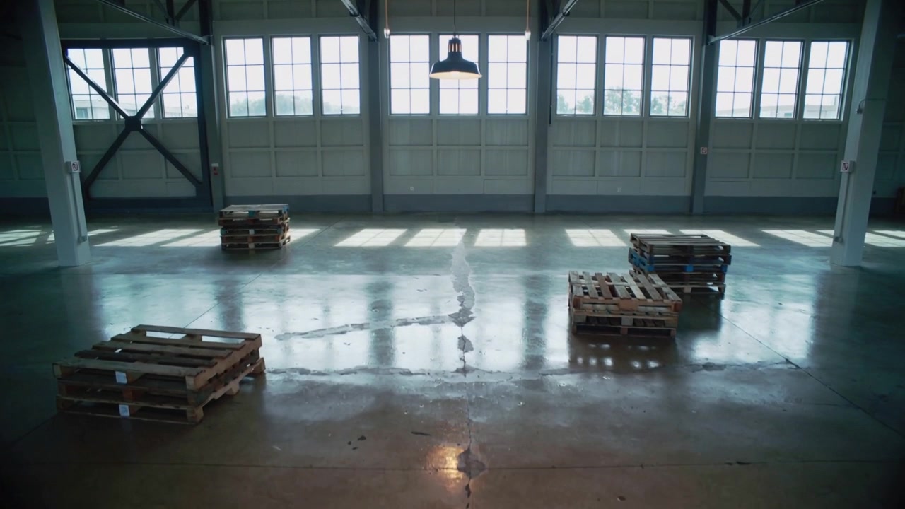 Brightening suspended lamp casting circular reflection on warehouse concrete floor, revealing seam