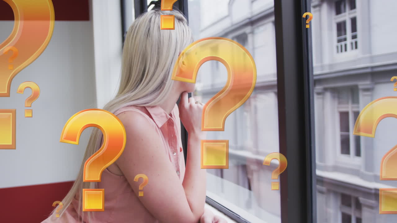 백인 사업가 여성의 생각에 대한 질문표의 애니메이션