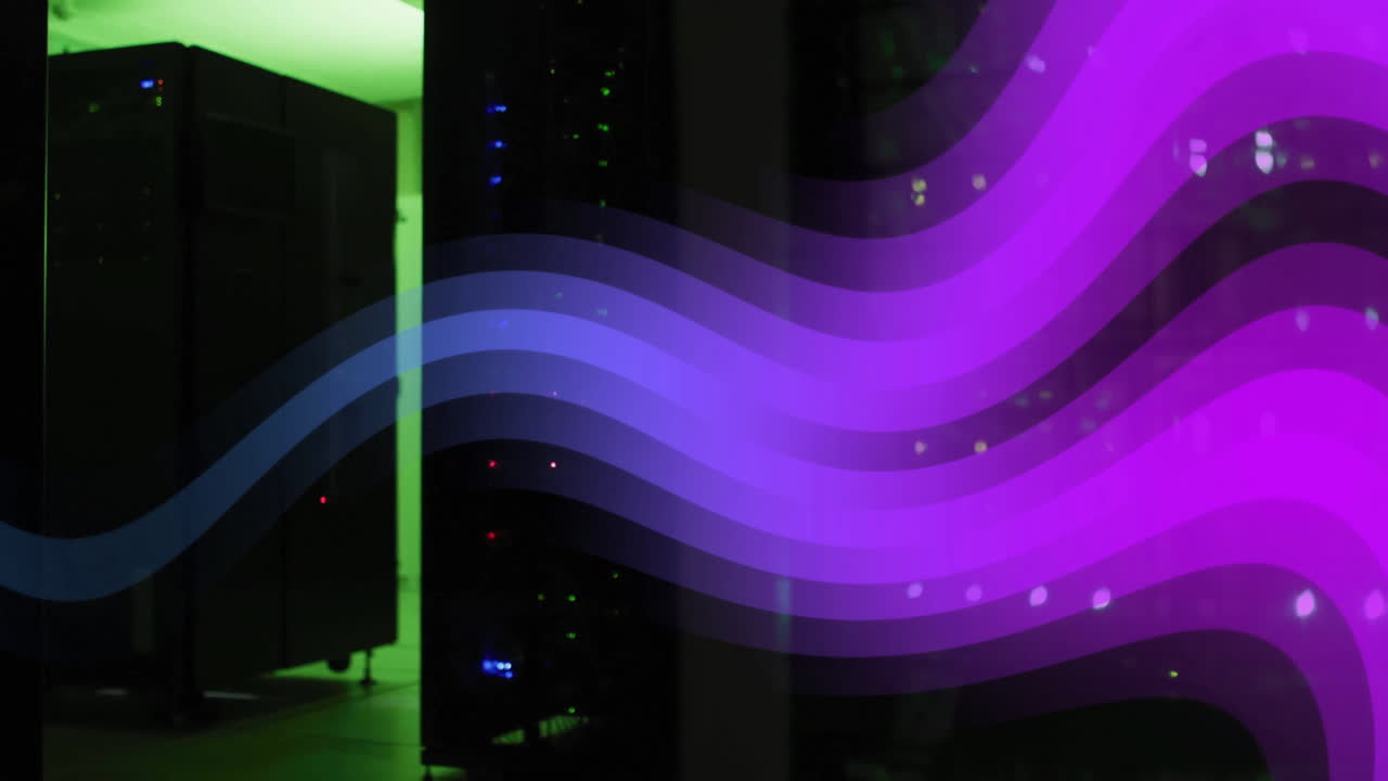 Colorful wave animation over data servers in dimly lit server room