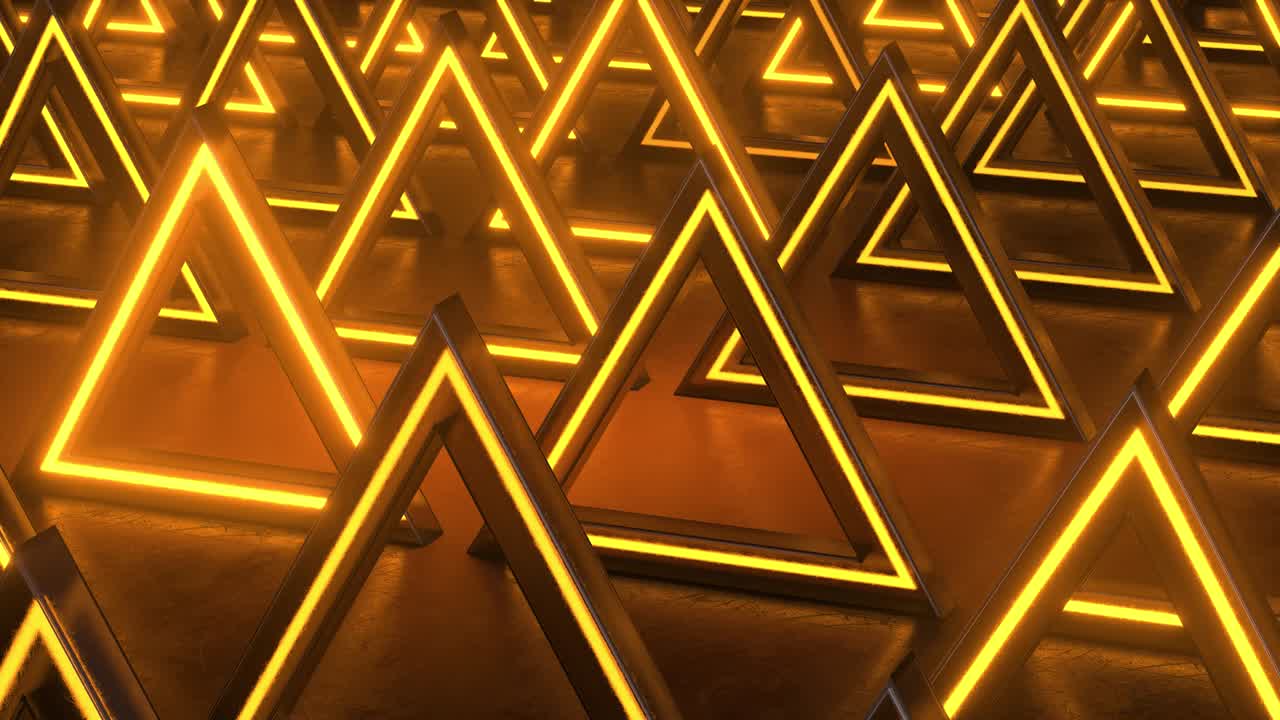 삼각형 추상적인 배경, 오렌지색 네온 조명 배경, 패턴 삼각형 프리스마, 추상적인 sf 기하학적 배경, 미래의 개념, 앞으로 나아가는, 원활한 루프, 4k 3d 애니메이션