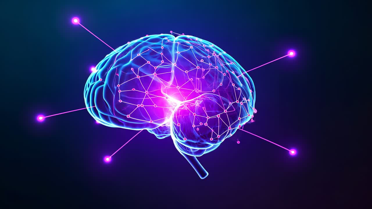 Illuminating neon wireframe brain pulsing central node, extending neon beams at dark blue backdrop