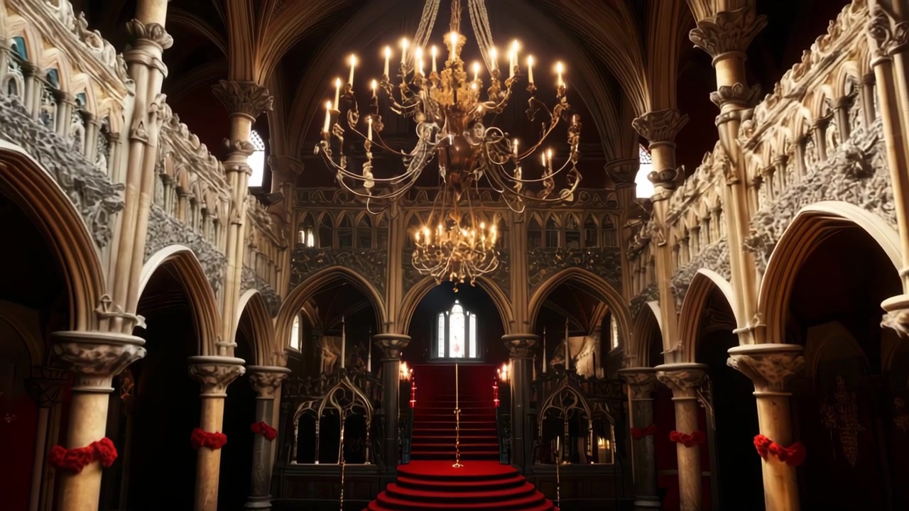 Innenansicht einer prächtigen gotischen Kathedrale mit kunstvollem Kronleuchter und rotem Teppich