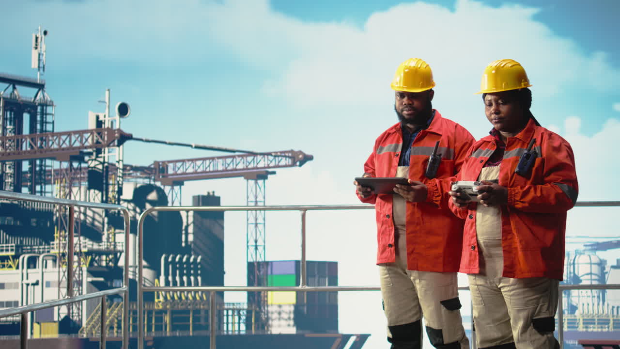 Offshore platform professionals working together, using drone