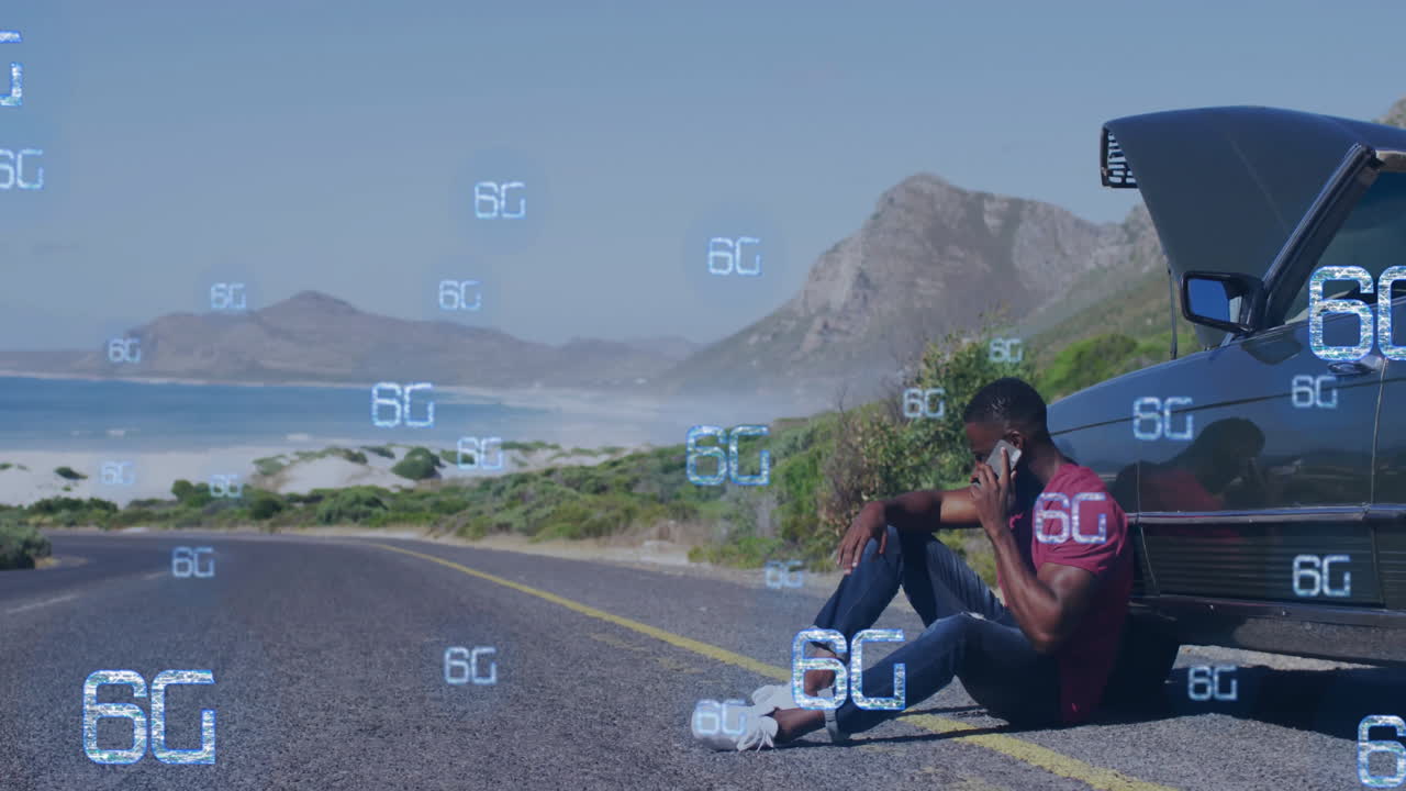sentado en la orilla de la carretera, hombre usando teléfono inteligente con tecnología 6g animación sobre el paisaje