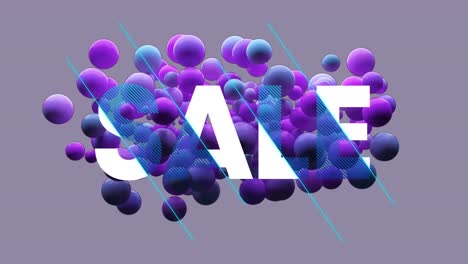 Animation-Des-Verkaufs-In-Weißem-Und-Blauem-Text-Mit-Violetten-Und-Blauen-Kugeln,-Die-Auf-Grauem-Hintergrund-Schweben