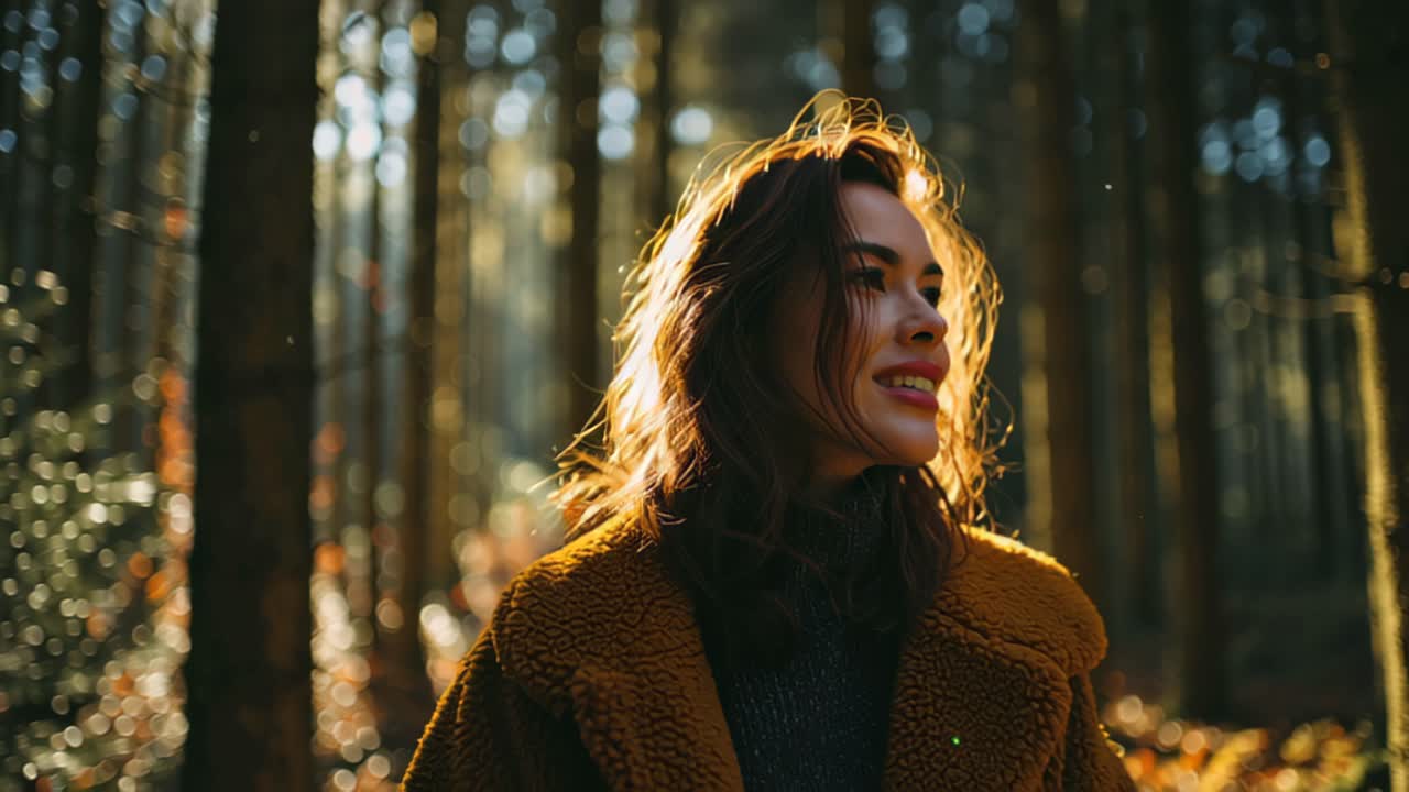 Close-up footage of a young woman standing in a sunlit woodland with warm backlight and bokeh. Outdoor lifestyle scene in autumn, calm mood, natural beauty