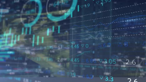 animación del procesamiento de datos financieros sobre el paisaje urbano