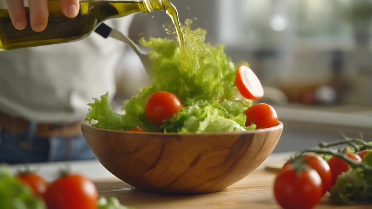 Persona che versa olio d'oliva su insalata fresca in ciotola di legno
