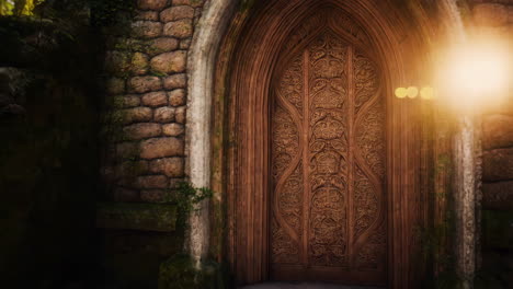 ornate wooden door in an ancient stone wall