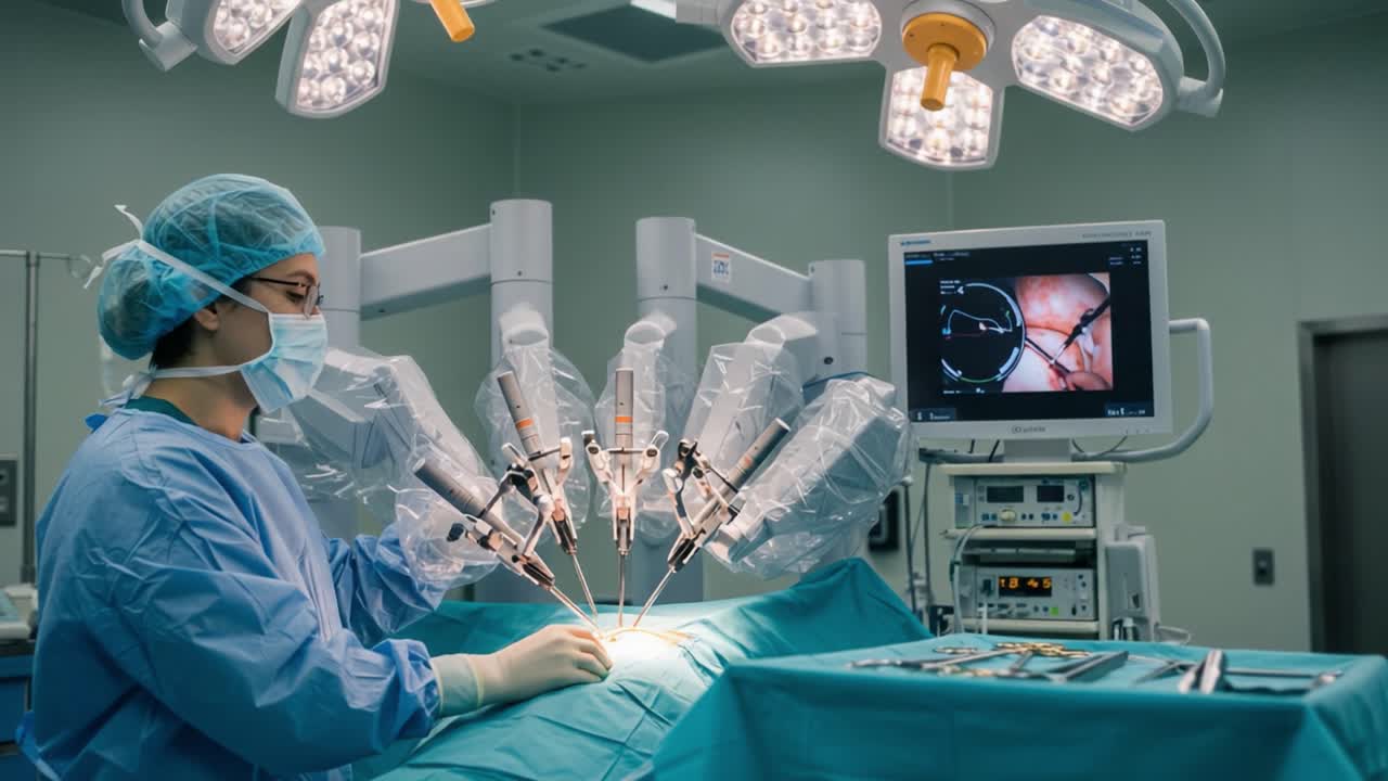 Robotic Surgery in Action: A Skilled Surgeon Operates with Precision and Advanced Technology in a Modern Operating Room Setting