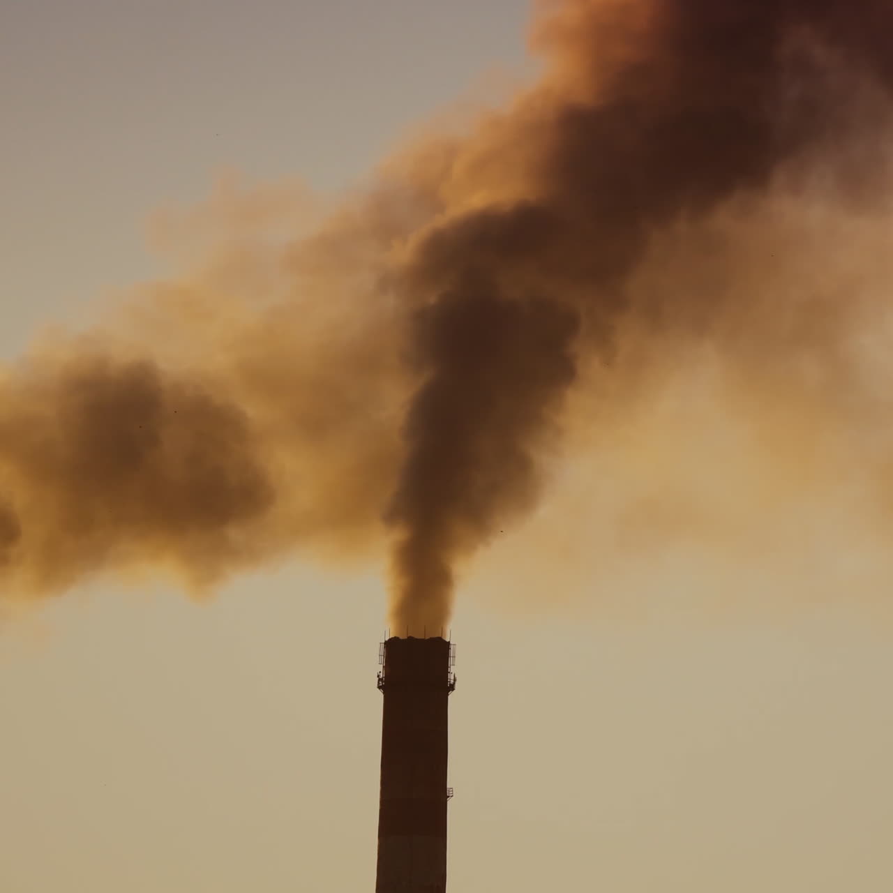 Air pollution by smoke coming out of two factory chimneys. Aerial view.