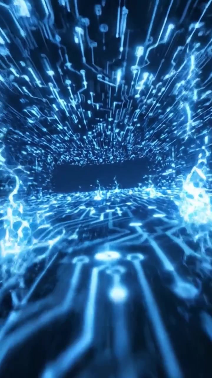 Flusso di Dati Dinamico Visualizzato: Un Viaggio Attraverso Schemi Tecnologici Rappresentati da Linee Blu Luminose e Onde Digitali