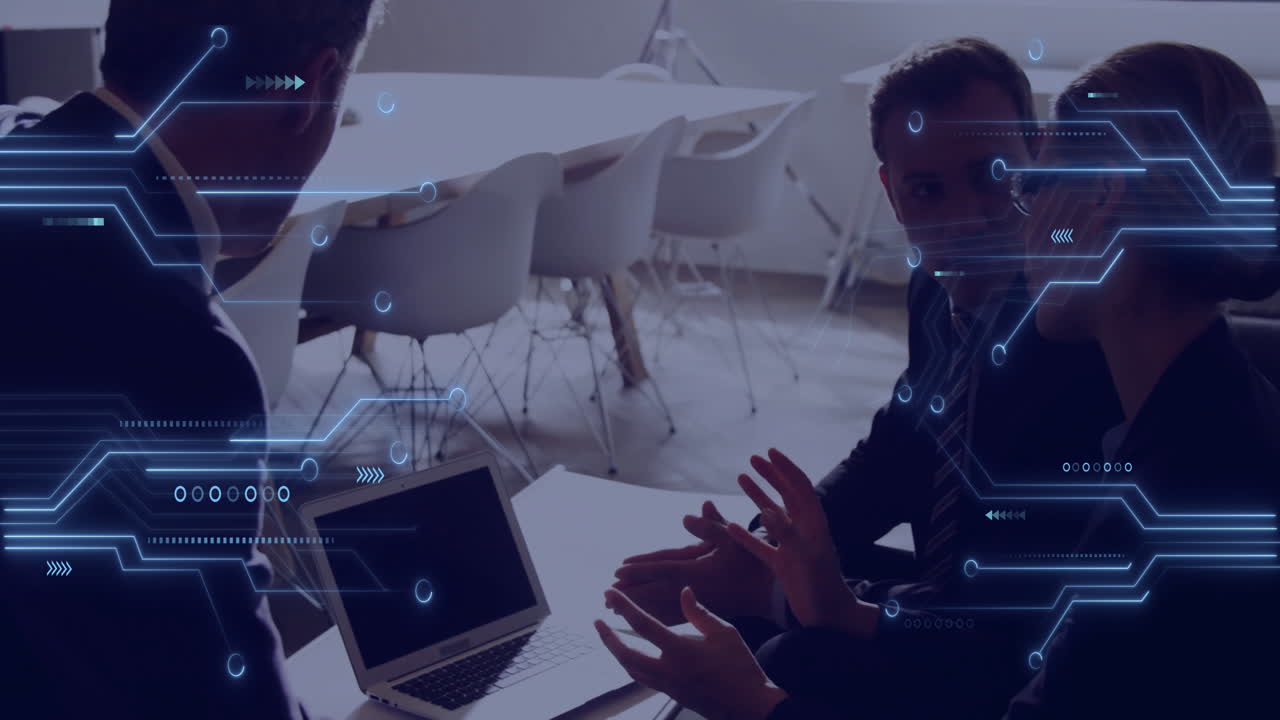 Business team discussing strategy with digital data processing animation overlay