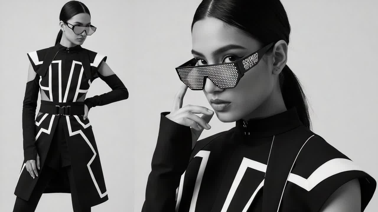 A striking monochromatic fashion showcase featuring an elegant model adorned in bold geometric patterns, highlighting modern design and artistic expression through dynamic poses