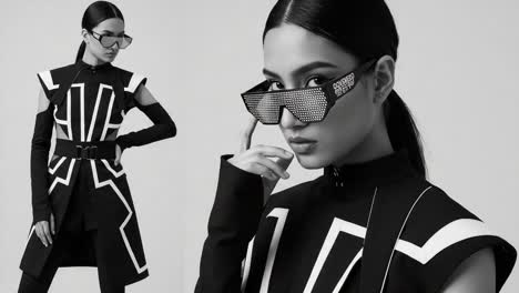 a striking monochromatic fashion showcase featuring an elegant model adorned in bold geometric patterns, highlighting modern design and artistic expression through dynamic poses