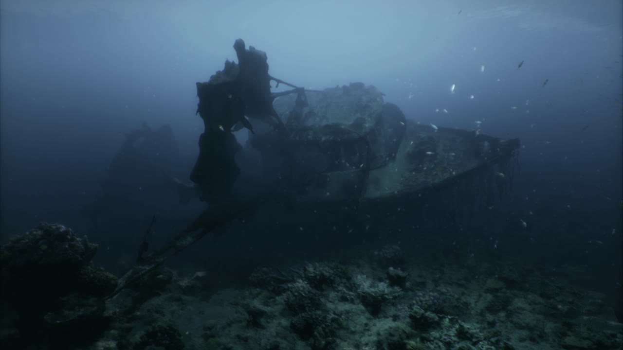 Exploring a submerged shipwreck in the deep ocean during a daylight dive
