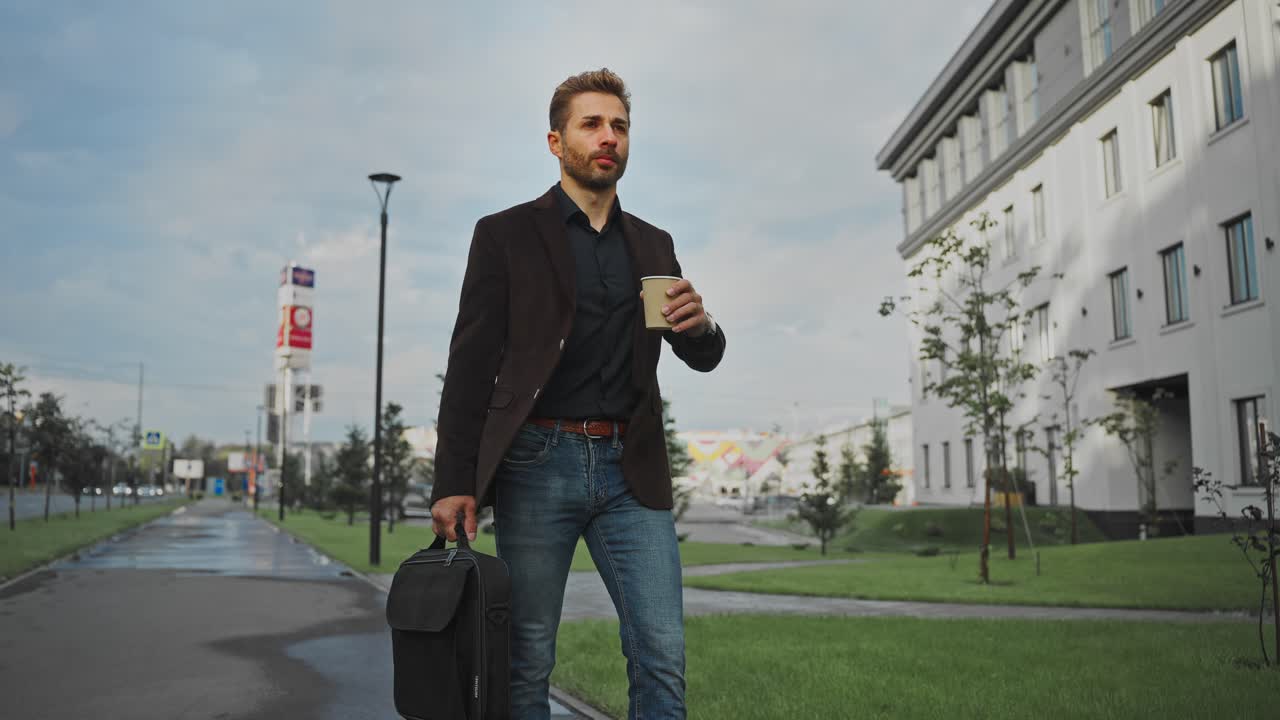 Businessman Walking with Coffee and Laptop Bag