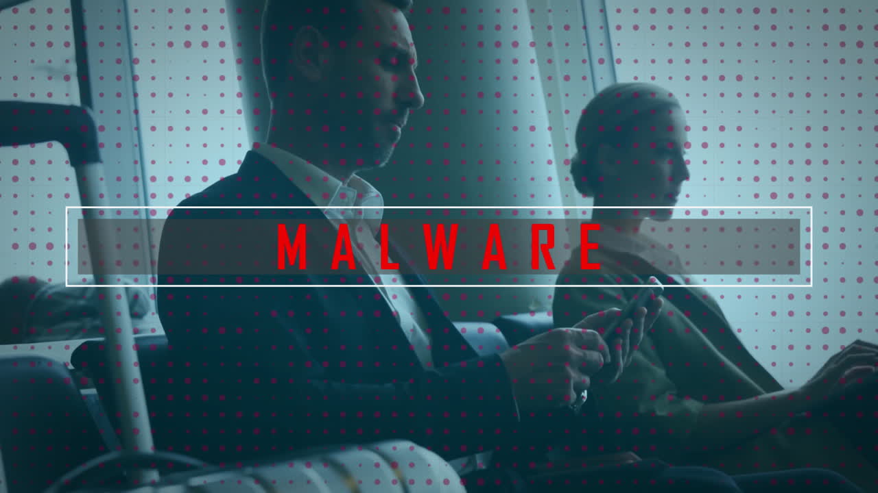 Animation of malware text and data processing over caucasian people using smartphones