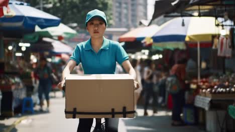 a delivery person navigates a bustling market street while carrying a package, showcasing the dynamic environment of urban commerce and logistics
