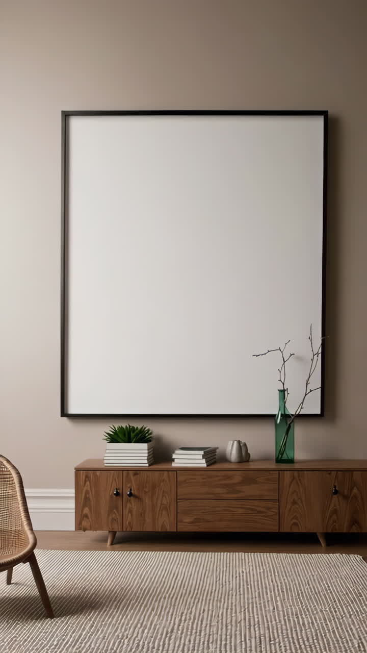 Modern Interior with Rattan Chair, Wooden Cabinet, and Blank Frame