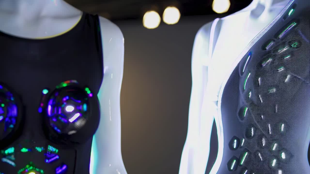 exhibición de ropa electrónica futurista