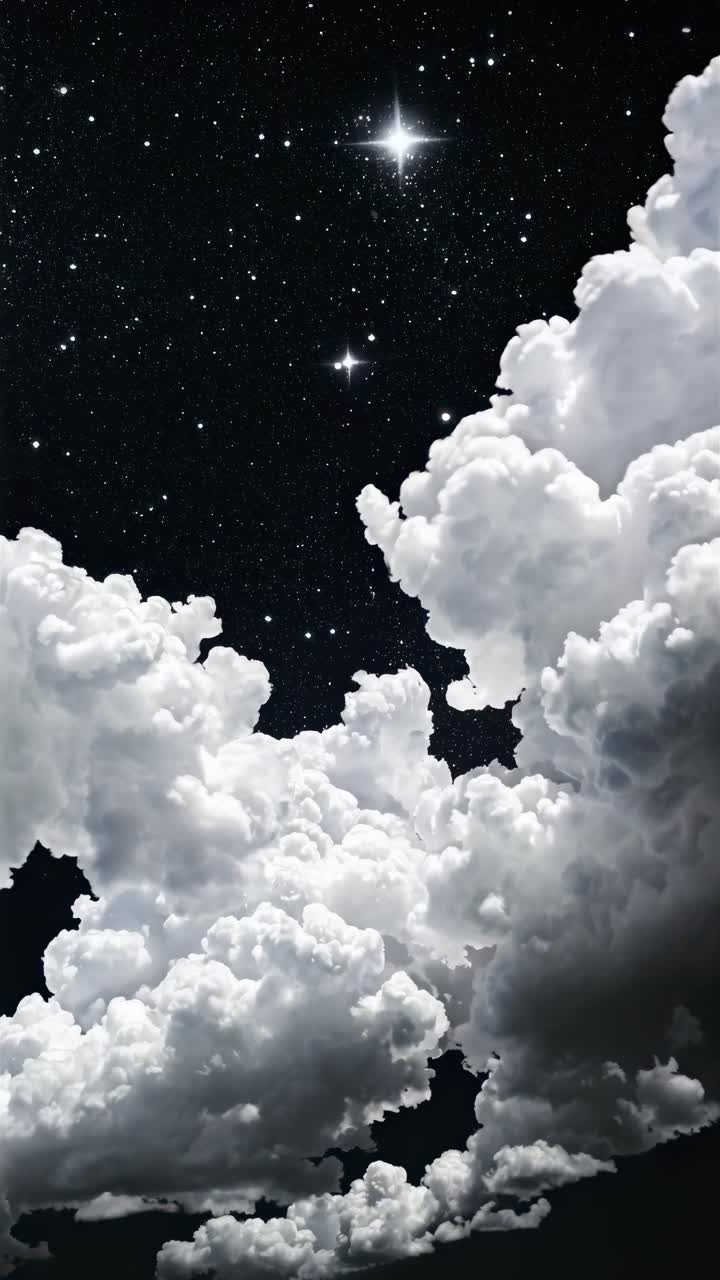 Dramatic upward angle captures fluffy clouds against a starry night sky, creating a surreal