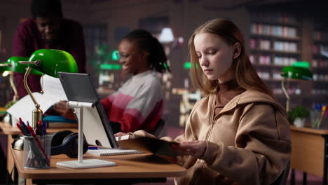 Vertical video young girl listening to educational documentary on laptop and taking notes
