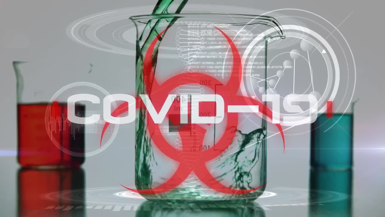signo de peligro para la salud con líquido que fluye en un vaso con covid-19 que se propaga sobre un fondo blanco