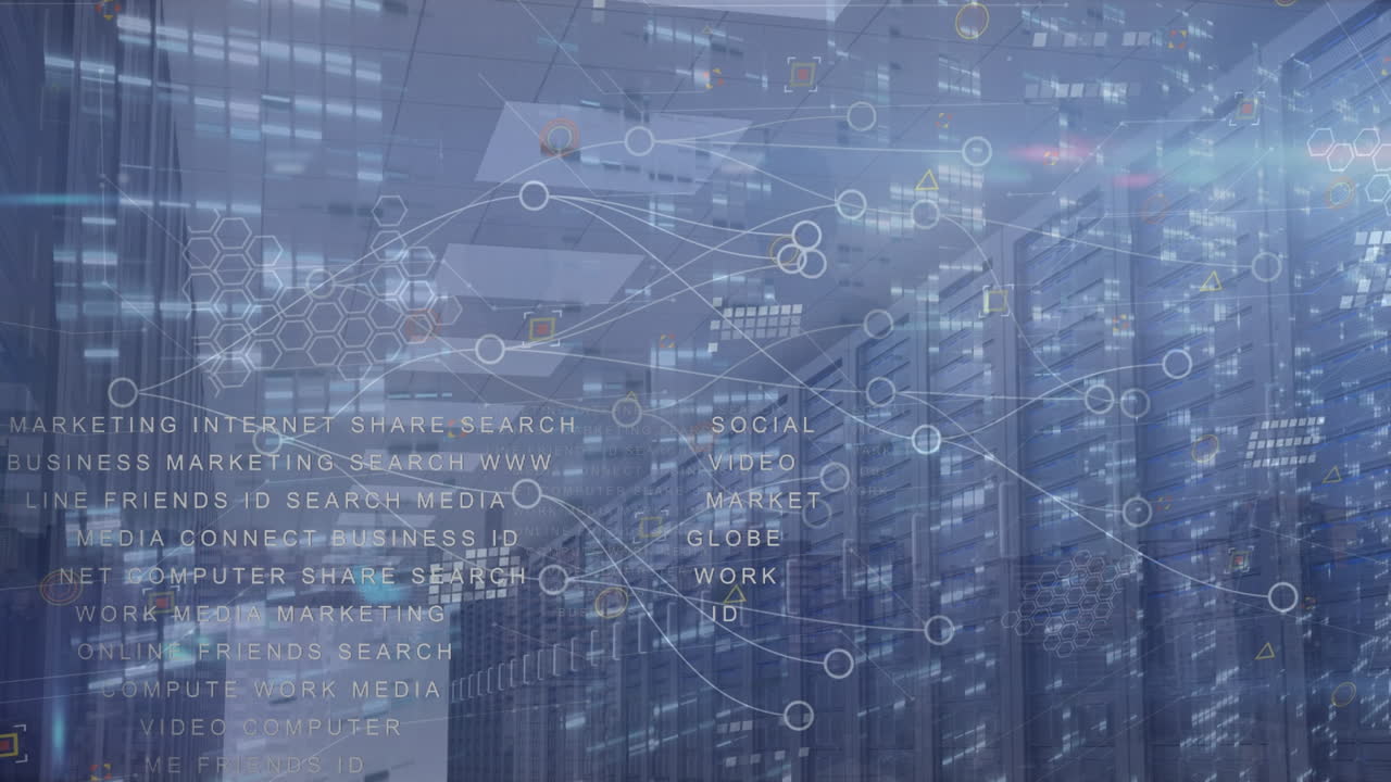 Animation of network of connections and data processing against computer server room