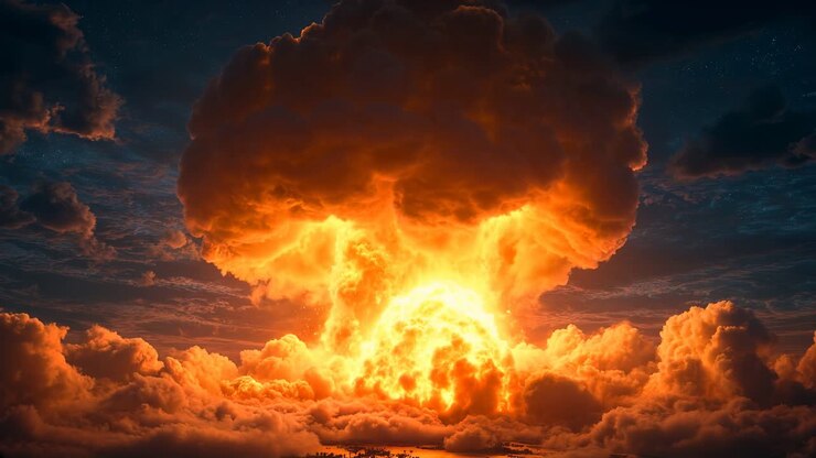 A dramatic nuclear explosion erupts vividly against a dark and cloudy sky above us