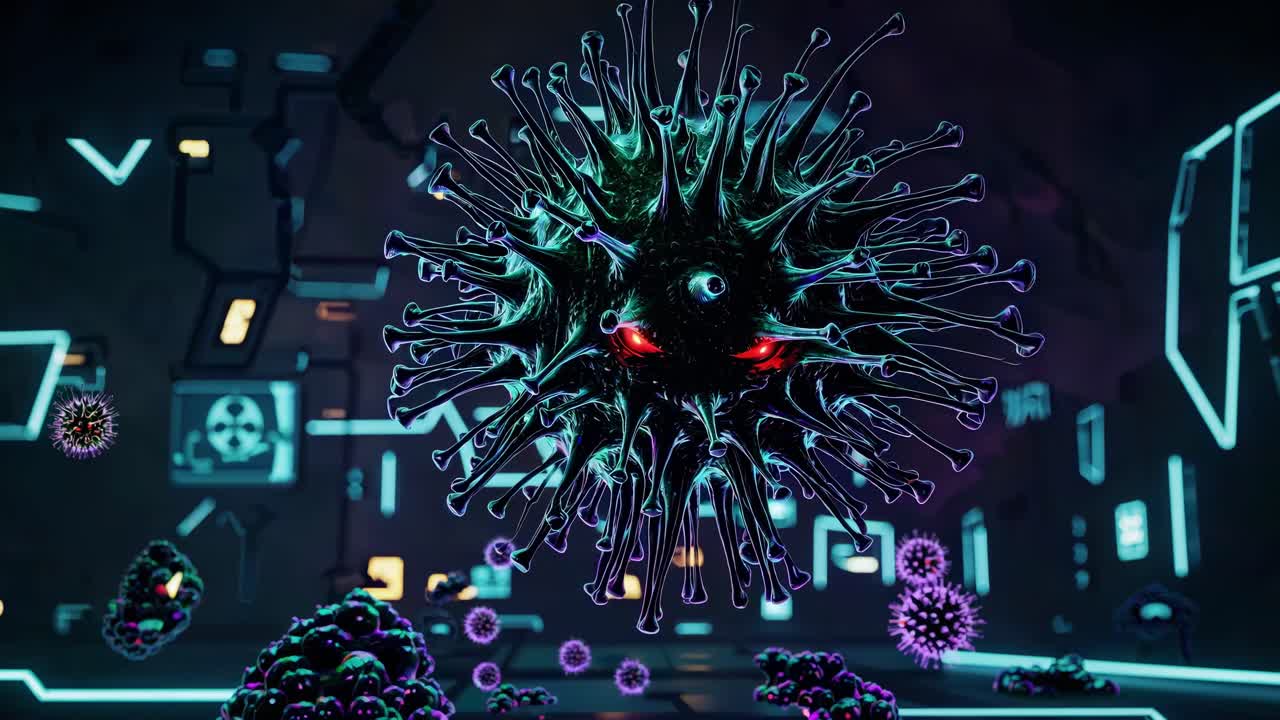 evolución viral microscópica que se desarrolla dentro de un entorno de laboratorio contaminado, revelando procesos de mutación complejos a través de la visualización científica avanzada y la representación de interfaces futuristas