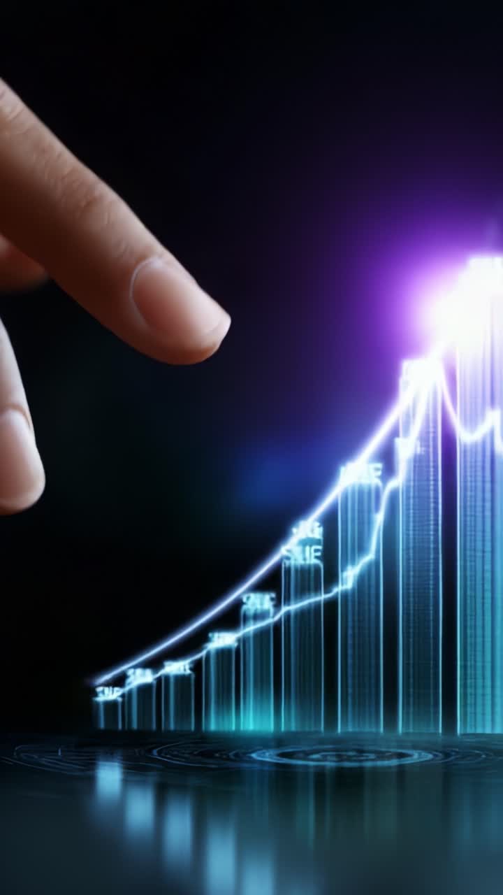 Primer plano de un dedo con un gráfico futurista del mercado de valores digital que mejora los componentes visuales de los datos financieros a través del tacto y la tecnología.