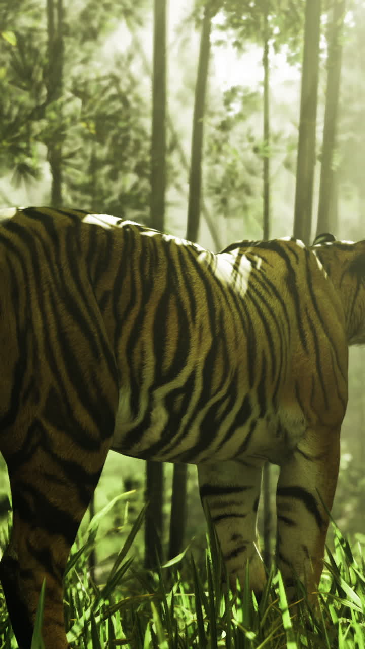 Majestic tiger wandering through lush green forest at dawn