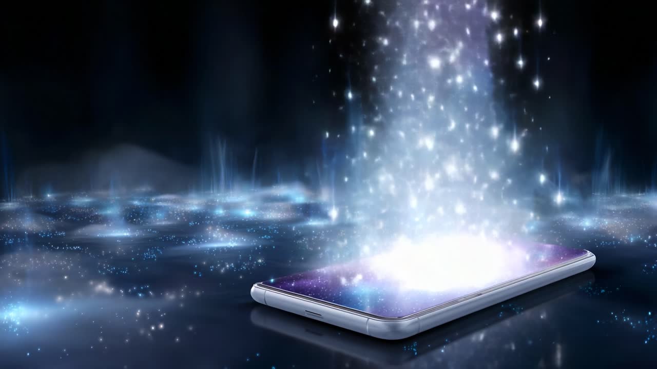 A mesmerizing smartphone emanating cosmic light and mystical particles from its screen, creating an ethereal atmosphere filled with shimmering stars and vibrant colors that capture the imagination