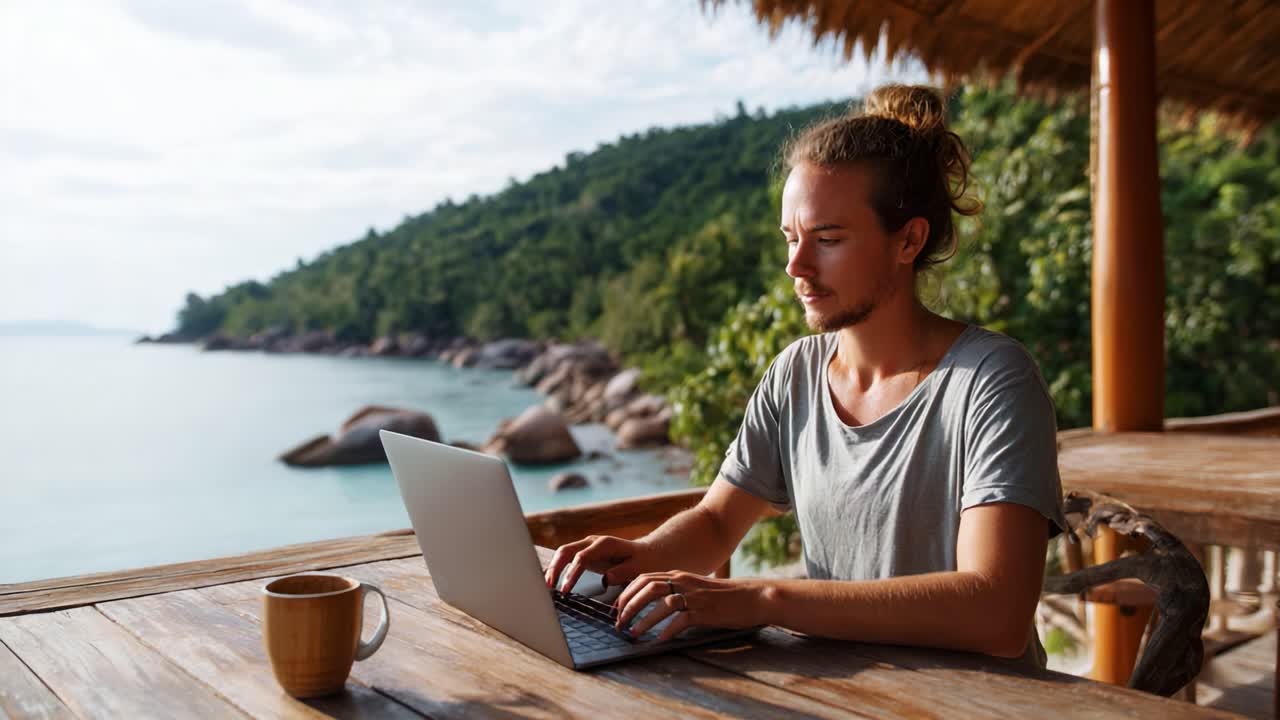 Persona concentrata che lavora al laptop a un tavolo in riva al mare con vista panoramica su un paesaggio lussureggiante e acque calme in una luminosa luce naturale