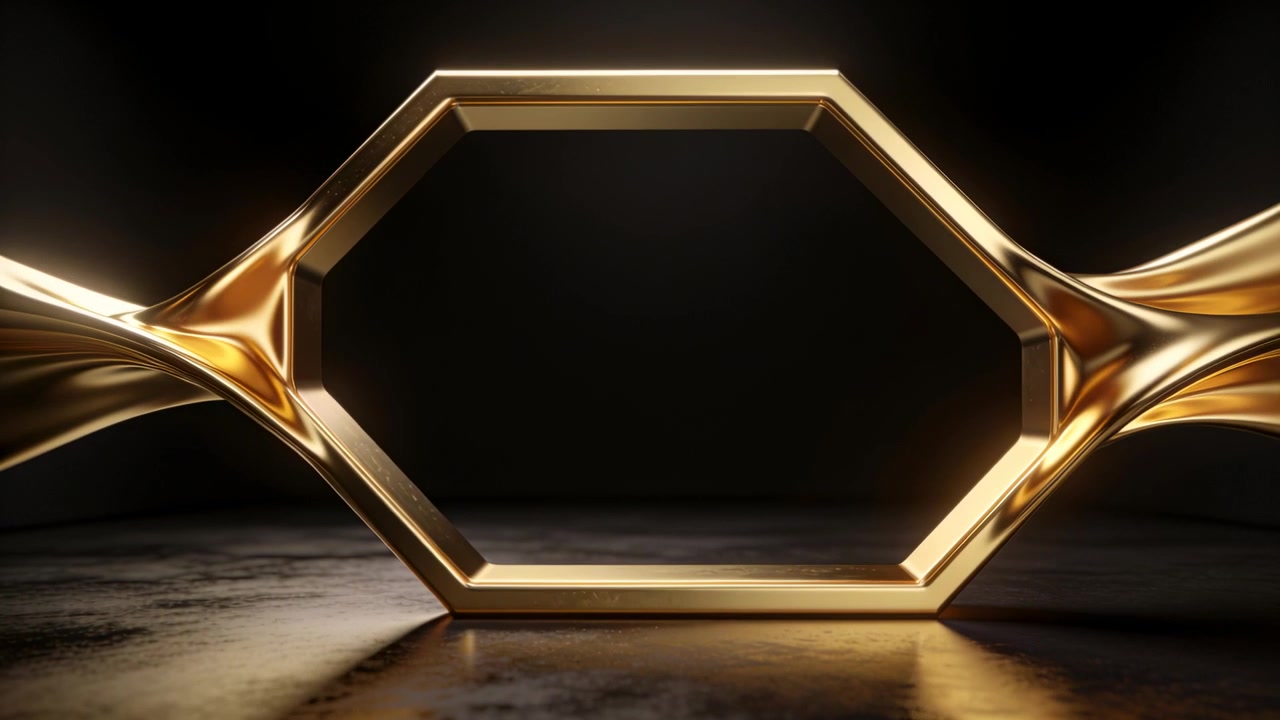 Lights rising urging gold hex frame settling on dark stage, ribbons drawing inward revealing design