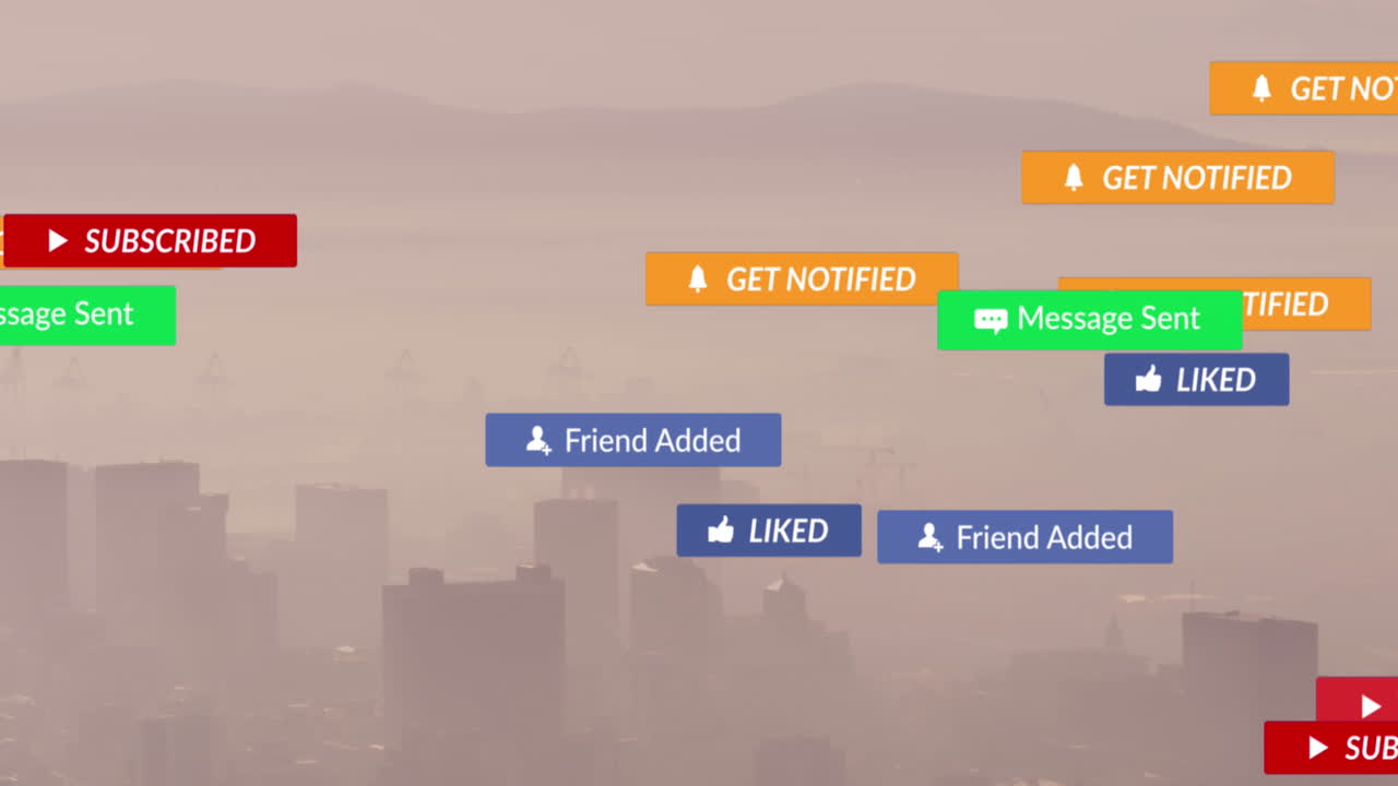 산을 배경으로 안개로 인 현대 도시에 대한 통지 라벨의 애니메이션