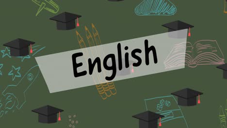 animation of english text over school items icons on green background