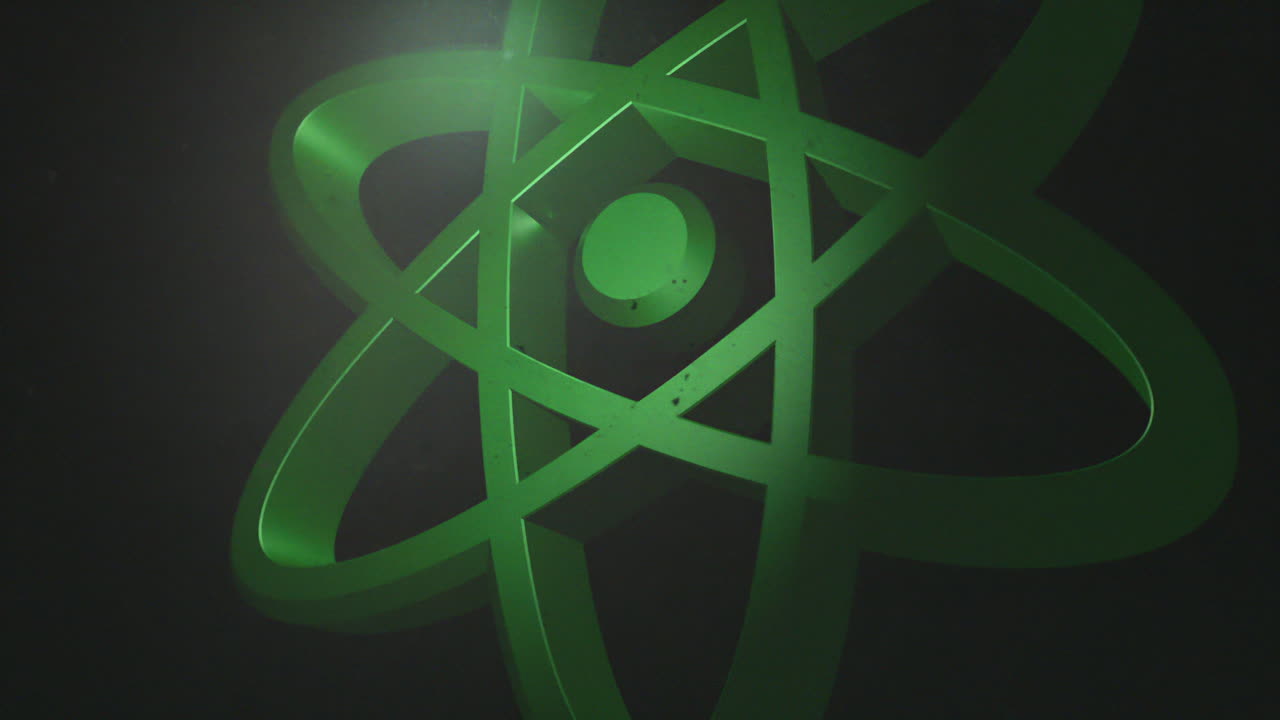 3d 원자 클래식 상징, 녹색, 두꺼운, 더러운 분위기를 통과, 부드러운 3d 회전 운동, 극적인 빛, 현실적인 외관과 느낌, 전면 뷰, 근접, 부드럽고 느린 움직임 cg 애니메이션 4k