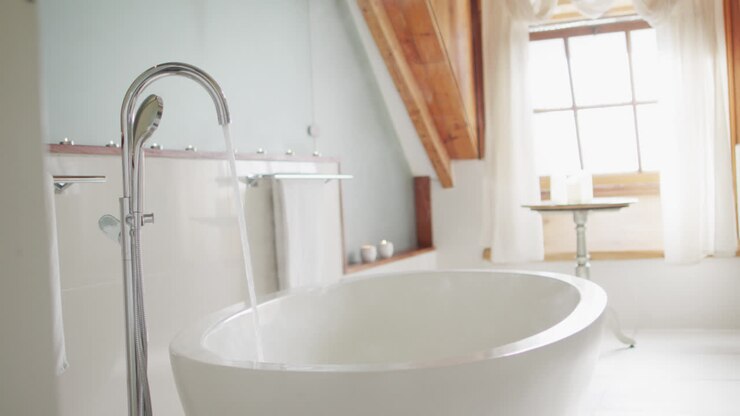 Water pouring from tap to bathtub in bathroom