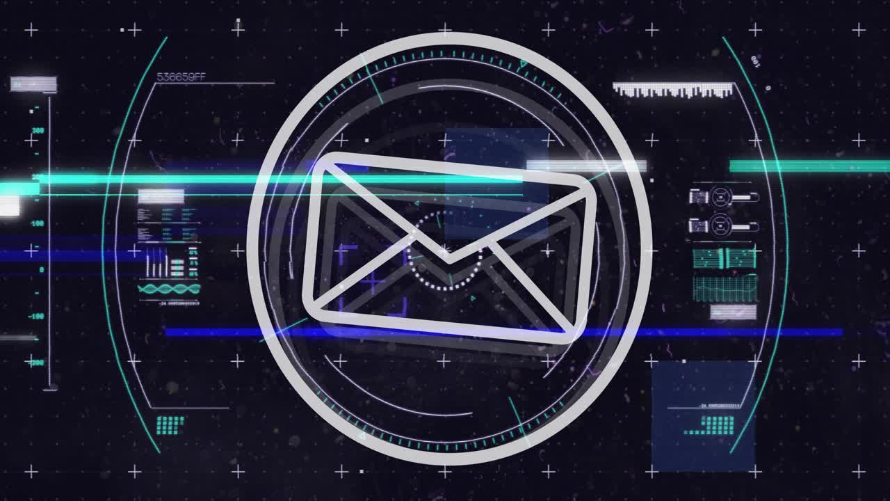 On startup, HUD rings rotating, envelope brightening, data panels sliding to display message