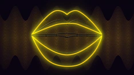 animation of yellow neon of lips opening, on dark background