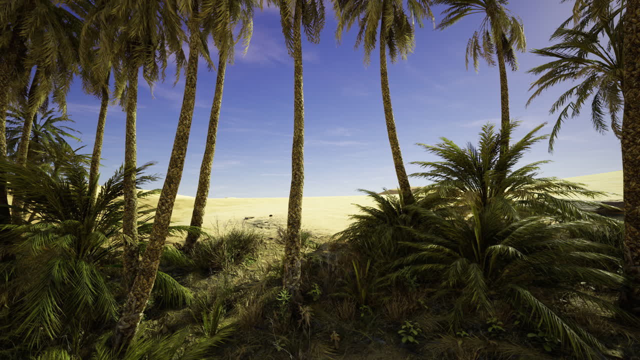 Lush tropical landscape with palm trees and golden sand dunes under blue sky