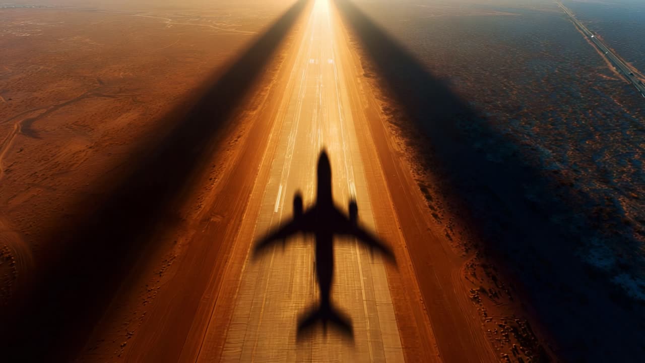 Aerial View of an Airplane Casting a Shadow on a Sunlit Runway, Emphasizing Contrast Between the Aircraft and the Glowing Horizon in the Desert Landscape