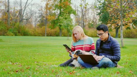 man with laptop, woman with a tablet. near beloved australian shepherd