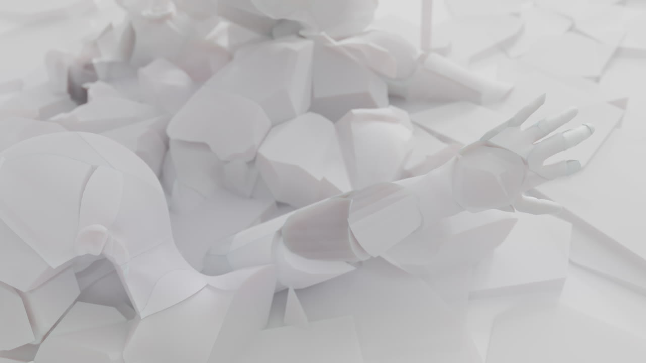 White, crushed android body parts on a foggy junkyard