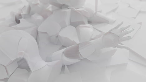 white, crushed android body parts on a foggy junkyard