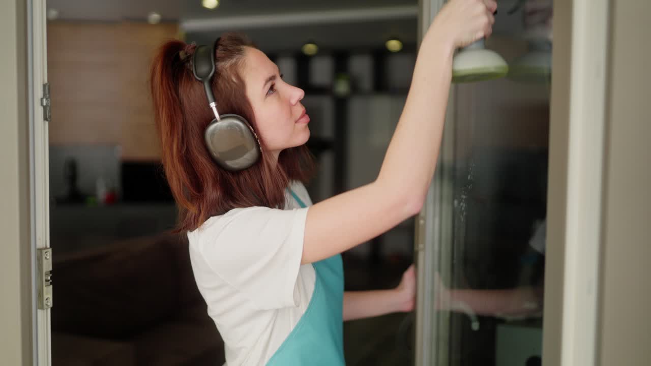 Side view of a confident brunette girl in headphones a cleaning lady in a white T-shirt and blue apron cleans glass doors using a special device during cleaning in a modern apartment